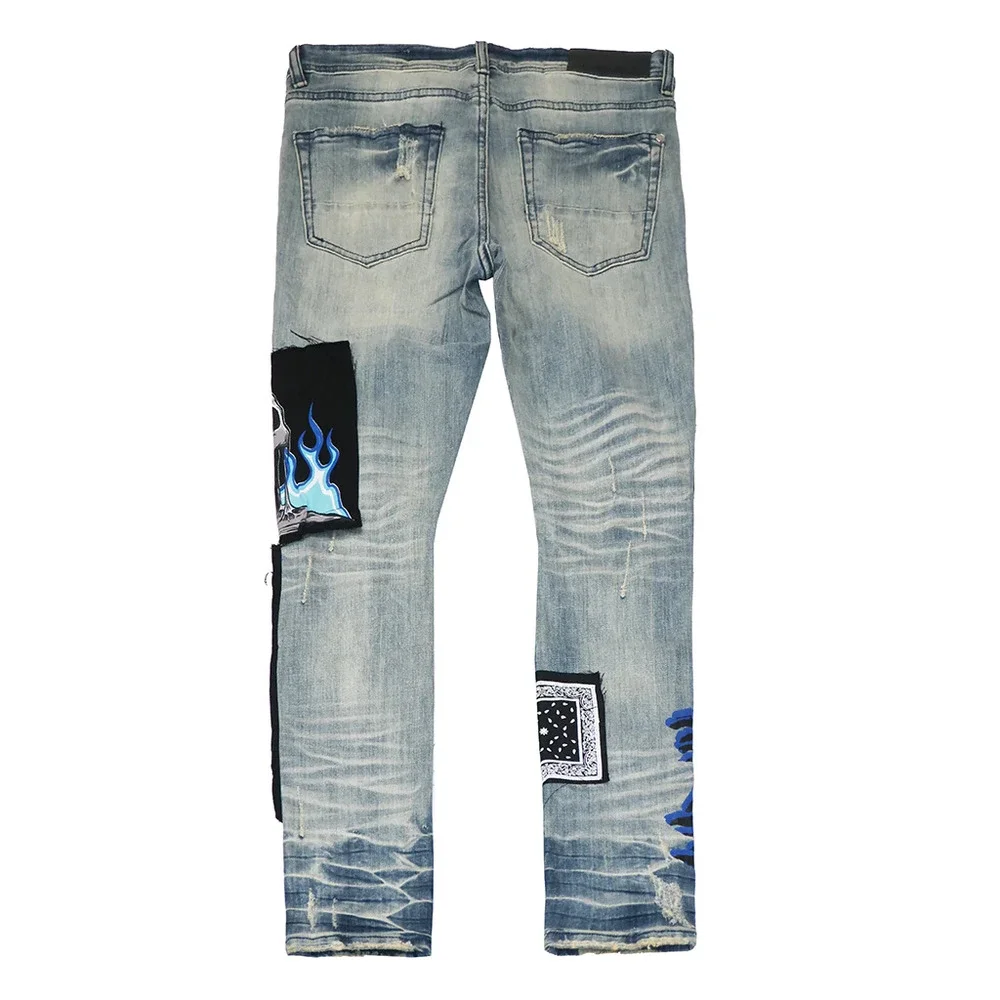 GFTD LA Los Angeles Men's Skinny Fit Panel Patch Fire Skull Distressed Rip Jeans - Picture 7 of 7